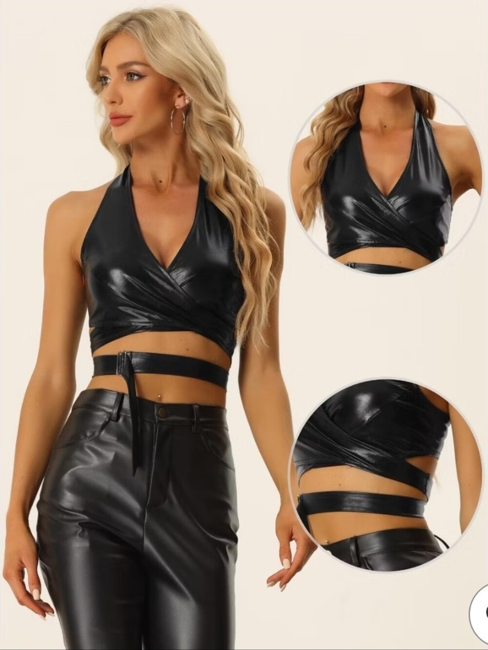 NWT. Black Faux Leather Halter Criss-cross Wrap Crop Top.